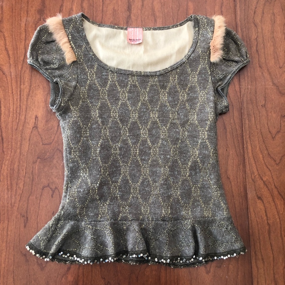 Anthro Fur Trimmed Metallic Knots Peplum Knit Top